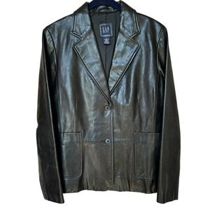Vintage GAP Leather Blazer Jacket Women's Size 8 Black Y2K Classic Pockets